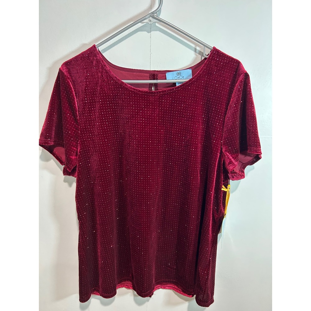 Red Velvet Glitter Top Women XL Short Sleeve Festive Glam Blouse Holiday Party